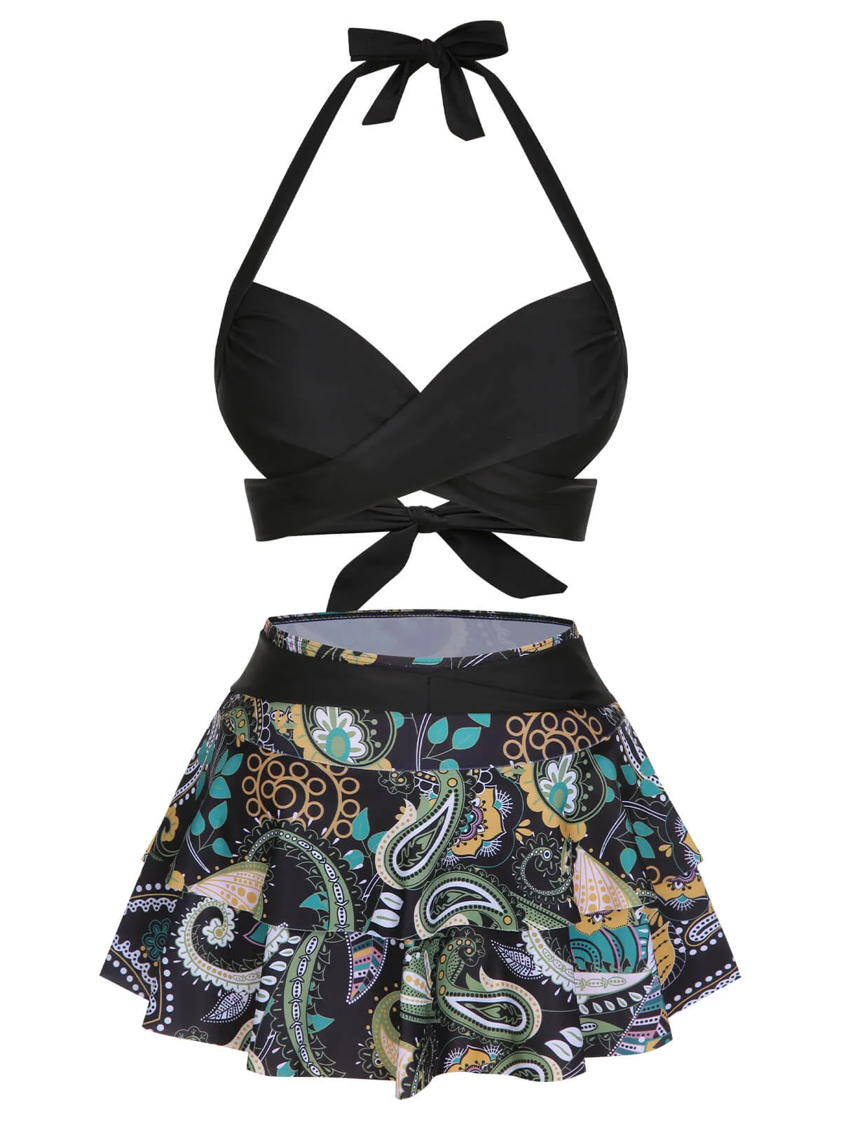 1950s Color Block Floral Halter Swimsuit