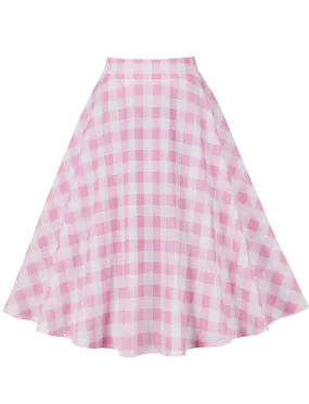 1950S Pink Plaid High Wasit Pleated Barbie Swing Vintage Skirt