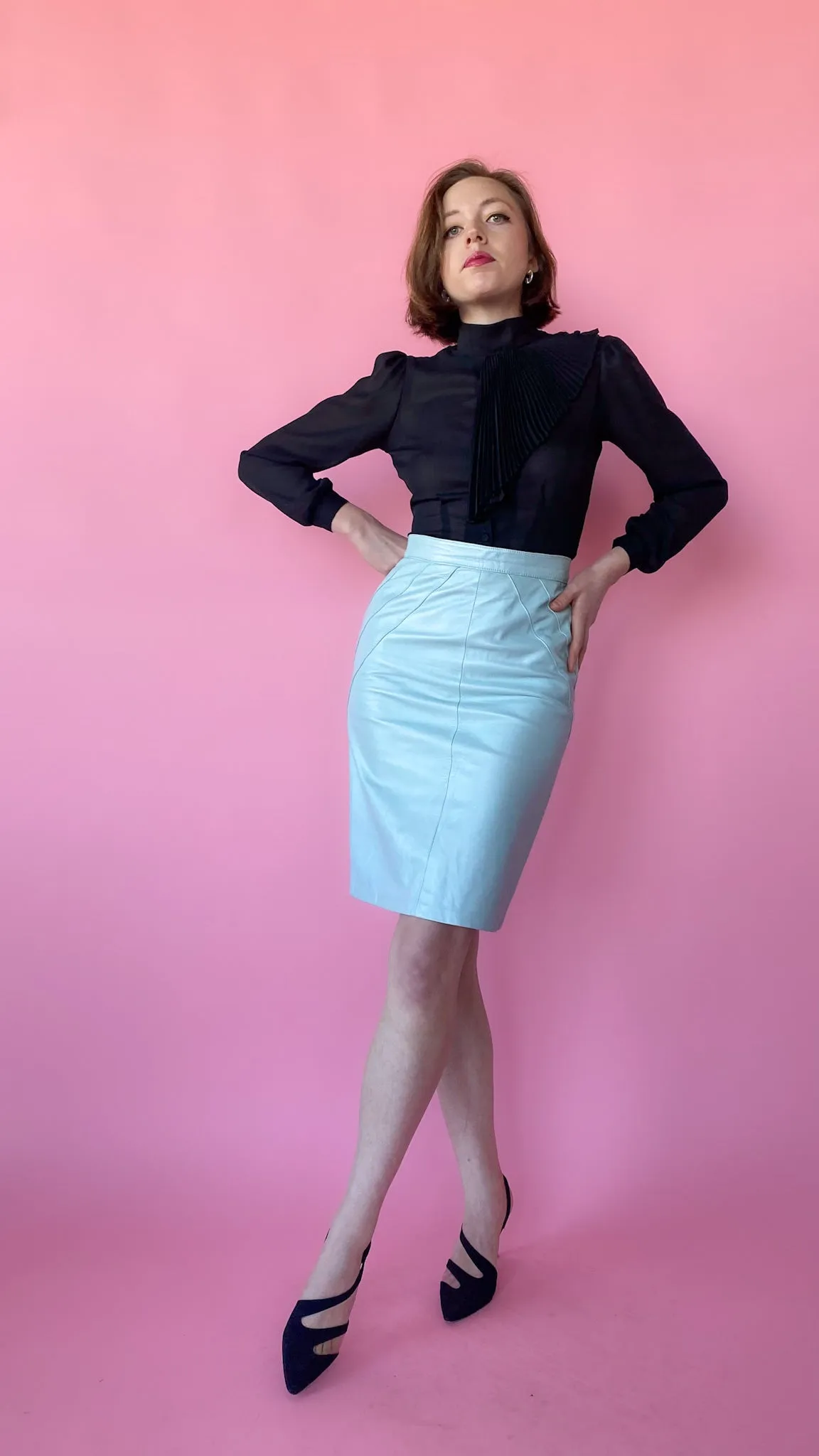 1980s Powder Blue Leather Skirt, sz. S