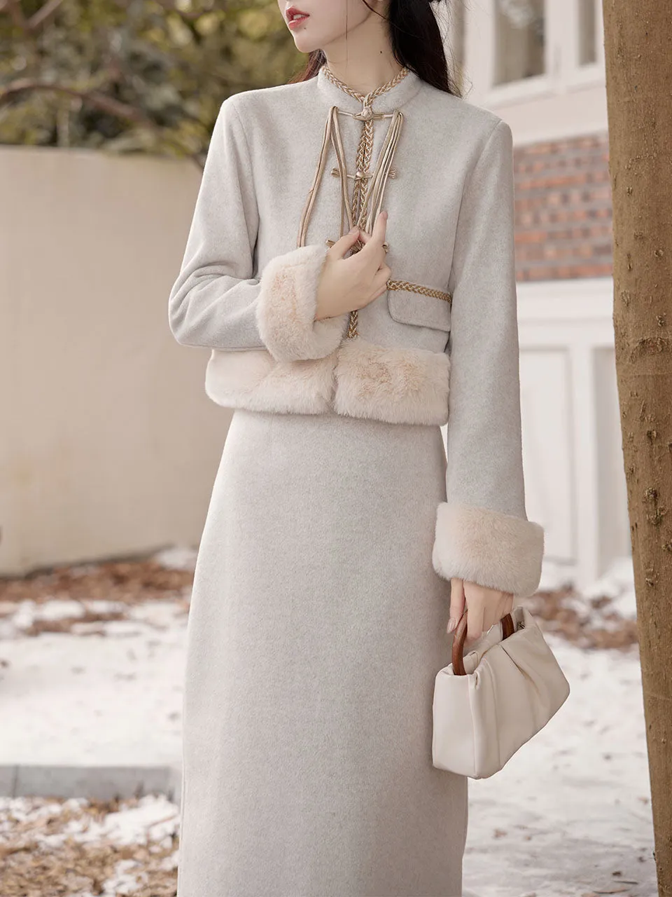 2PS Apricot Warm Thickened Top and Skirt Suit With Fake Fur Hem