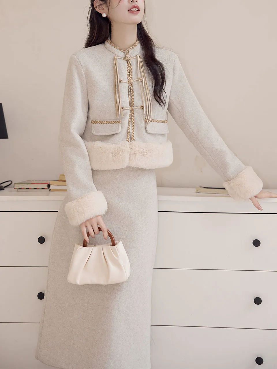 2PS Apricot Warm Thickened Top and Skirt Suit With Fake Fur Hem