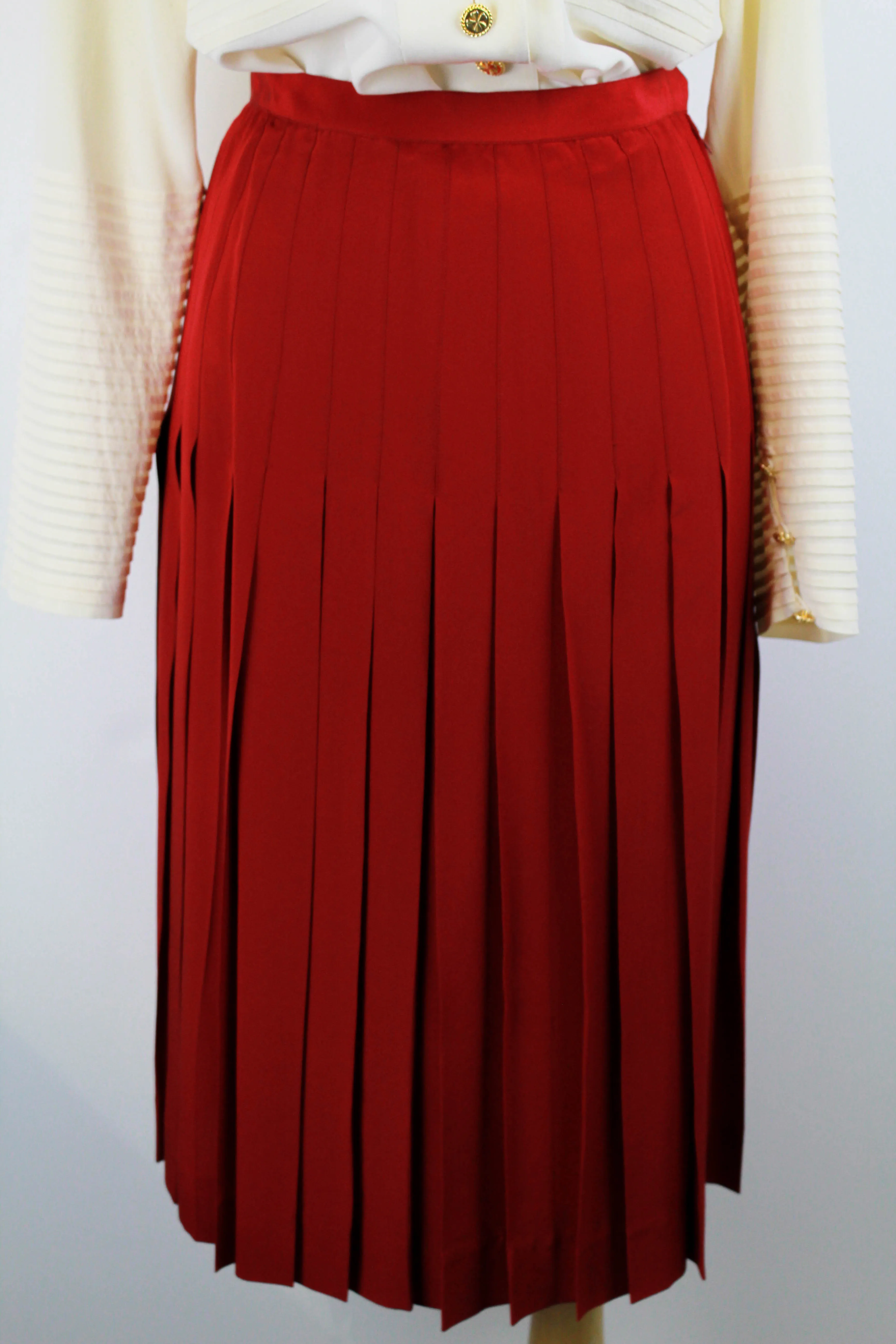 80s Vintage Chanel Red Silk Pleated Skirt