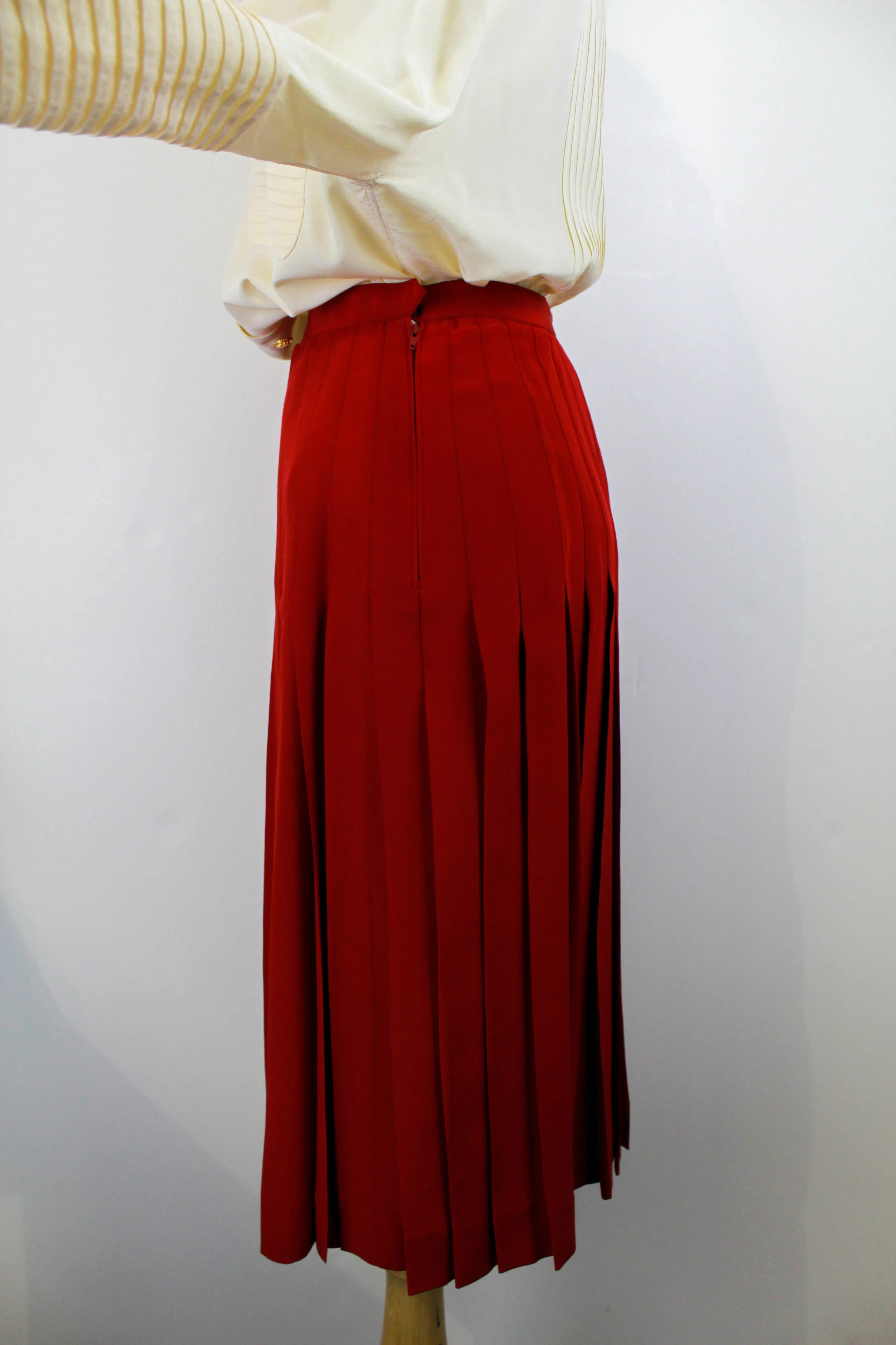 80s Vintage Chanel Red Silk Pleated Skirt