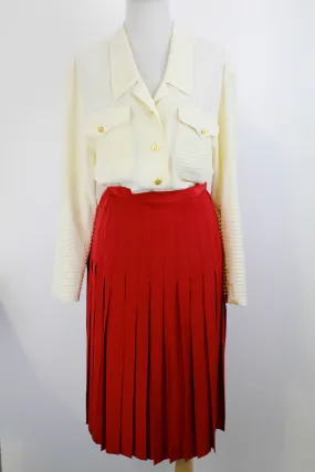 80s Vintage Chanel Red Silk Pleated Skirt