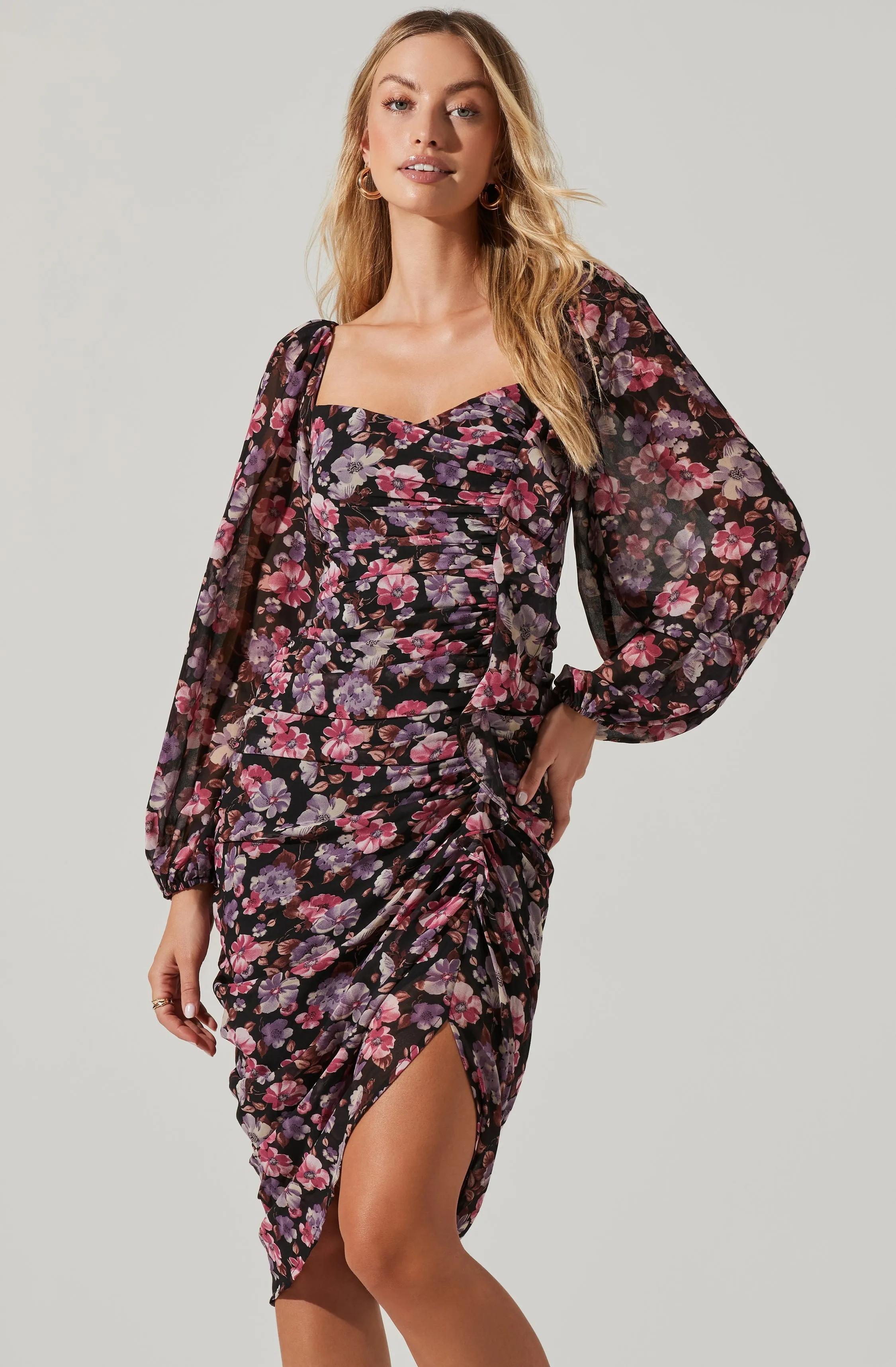 Athens Floral Ruched Midi Dress