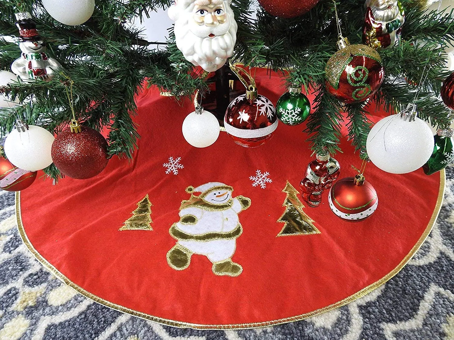 Beautiful Red Non-Woven Christmas Tree Skirt With Snowman & Edge- Red