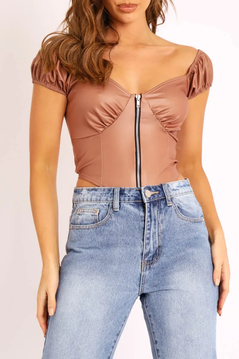 Beige Faux Leather Corset Style Crop Top - Julisa