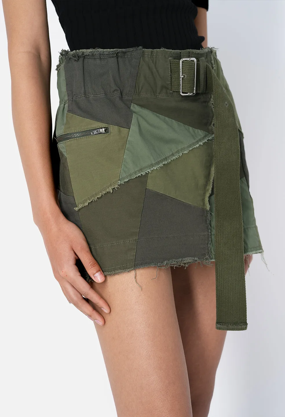 Belted Patchwork Skirt / Olive