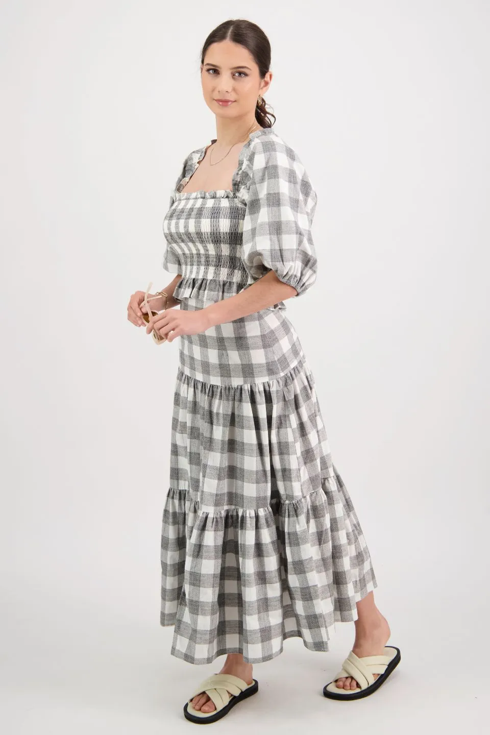 Blazing Grey Large Gingham Tiered Midi Skirt