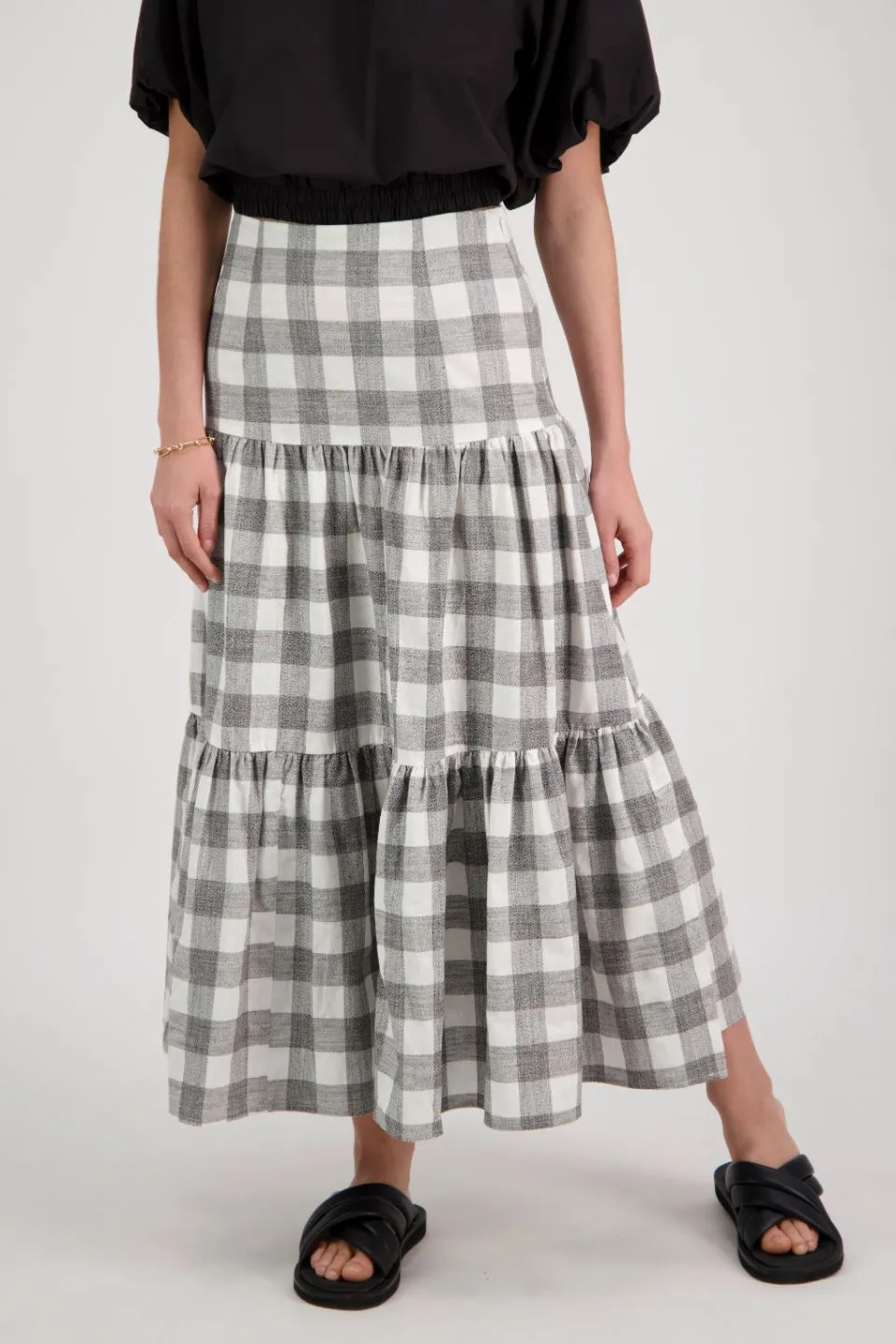 Blazing Grey Large Gingham Tiered Midi Skirt