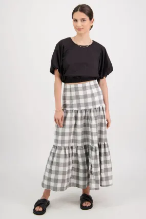 Blazing Grey Large Gingham Tiered Midi Skirt