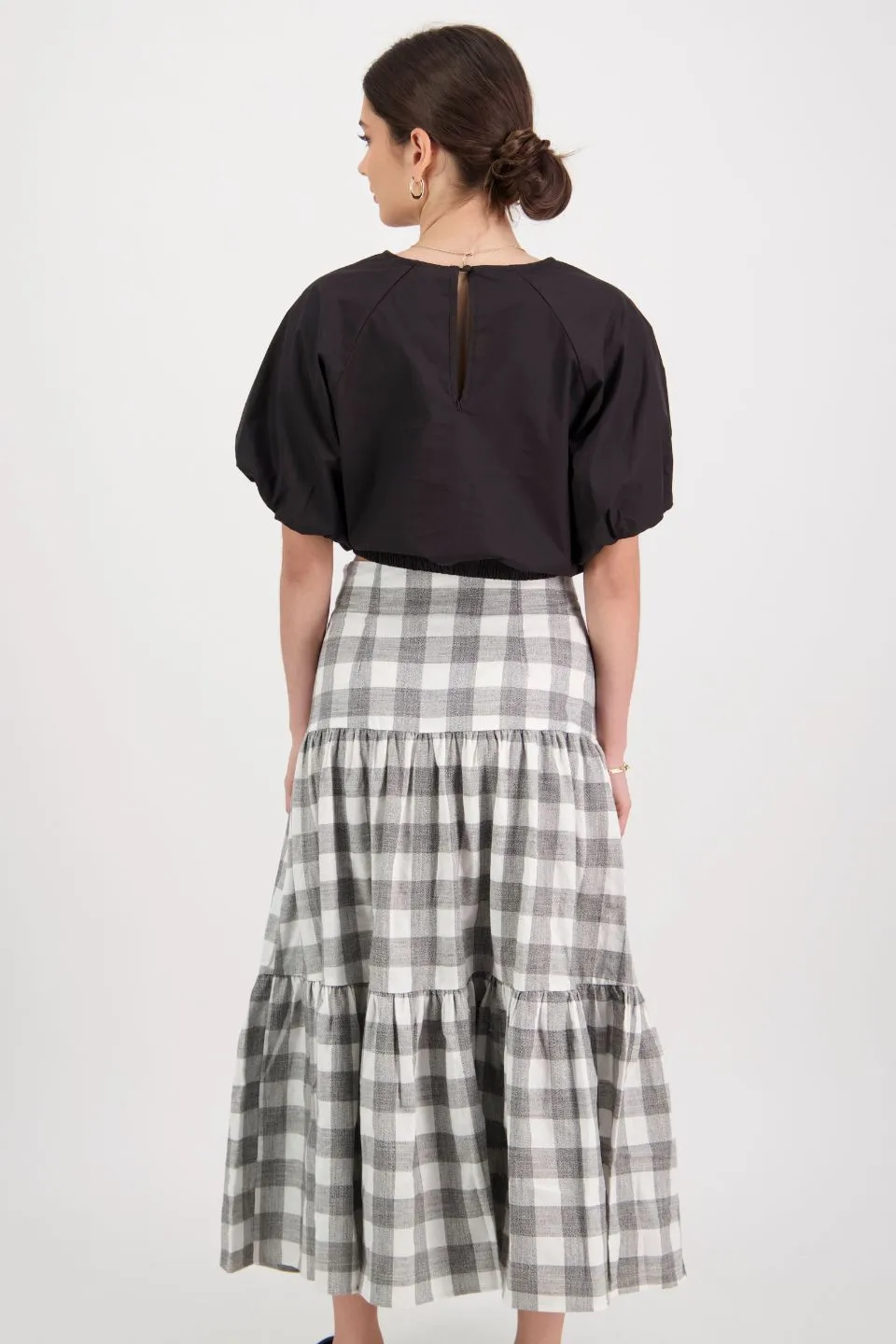 Blazing Grey Large Gingham Tiered Midi Skirt