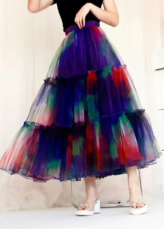 Bohemian Blue Ruffled Tie Dye Tulle Skirt Spring HA1038