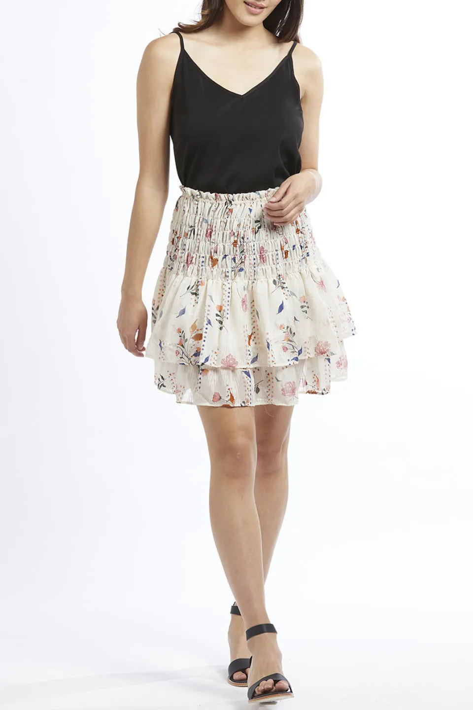 Carried Away Ivory Geo Floral Shirred Linen Frill Mini Skirt