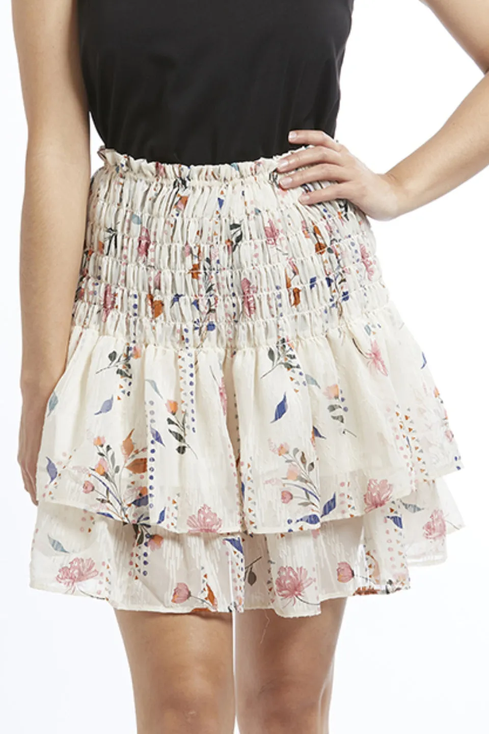 Carried Away Ivory Geo Floral Shirred Linen Frill Mini Skirt