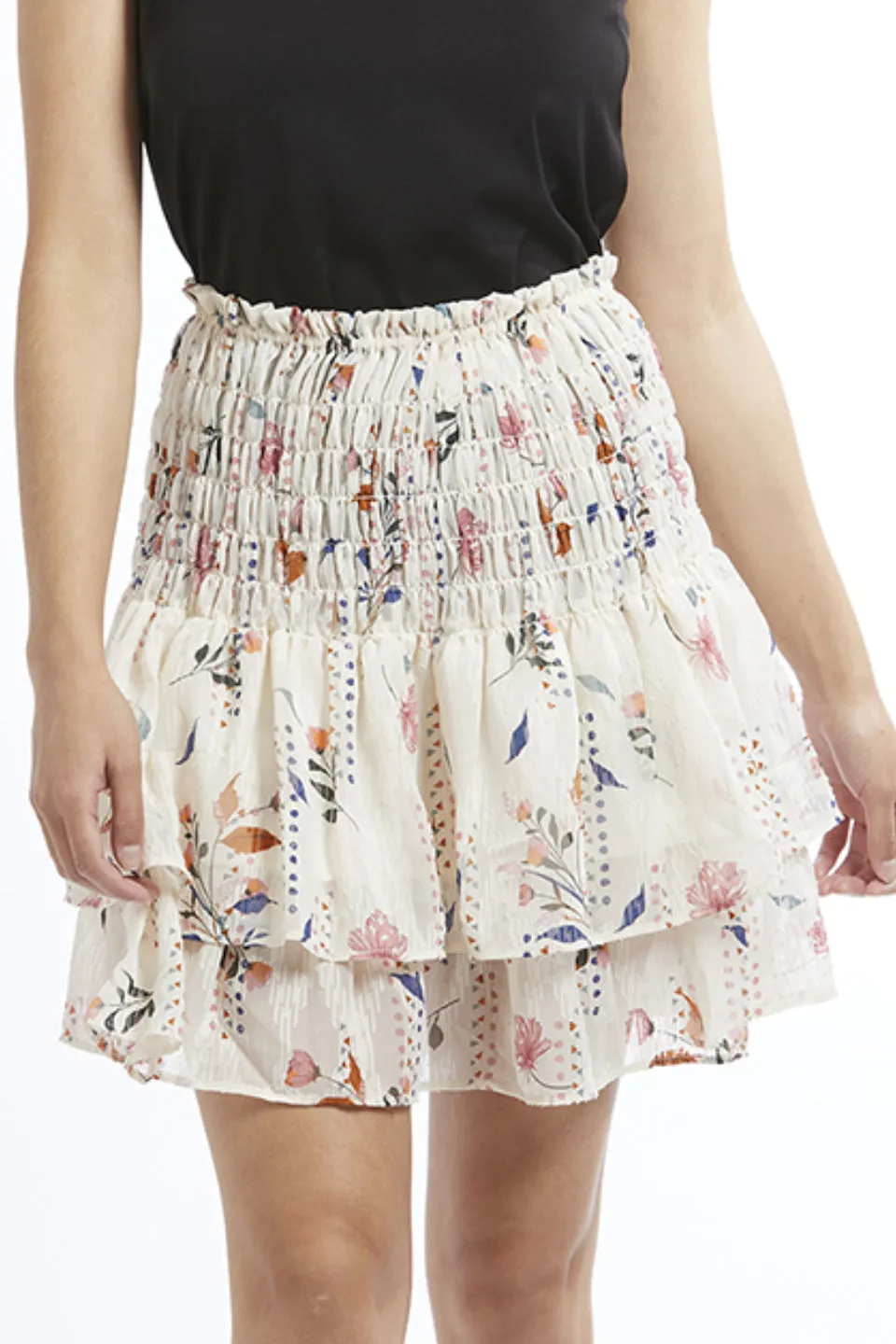 Carried Away Ivory Geo Floral Shirred Linen Frill Mini Skirt