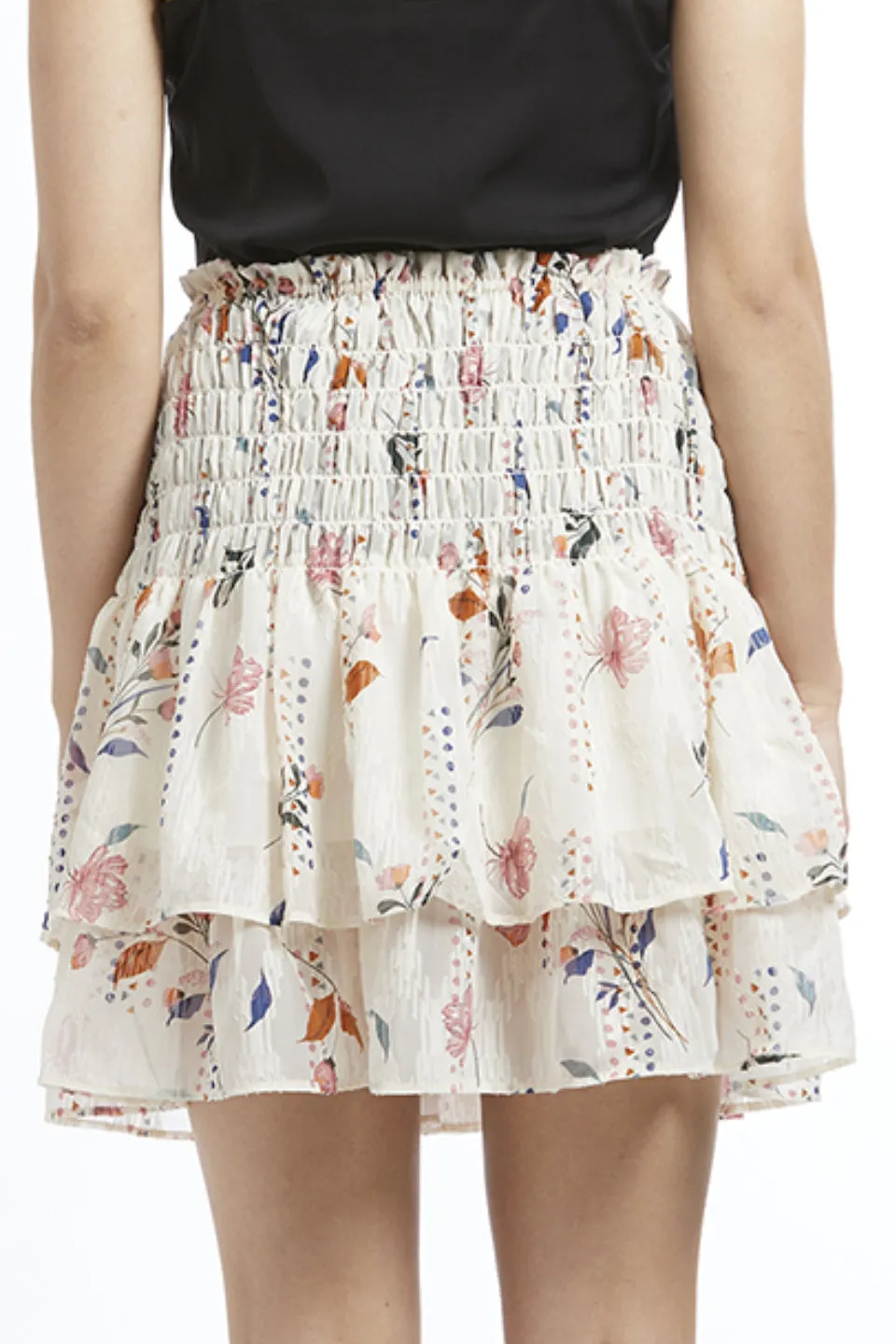 Carried Away Ivory Geo Floral Shirred Linen Frill Mini Skirt