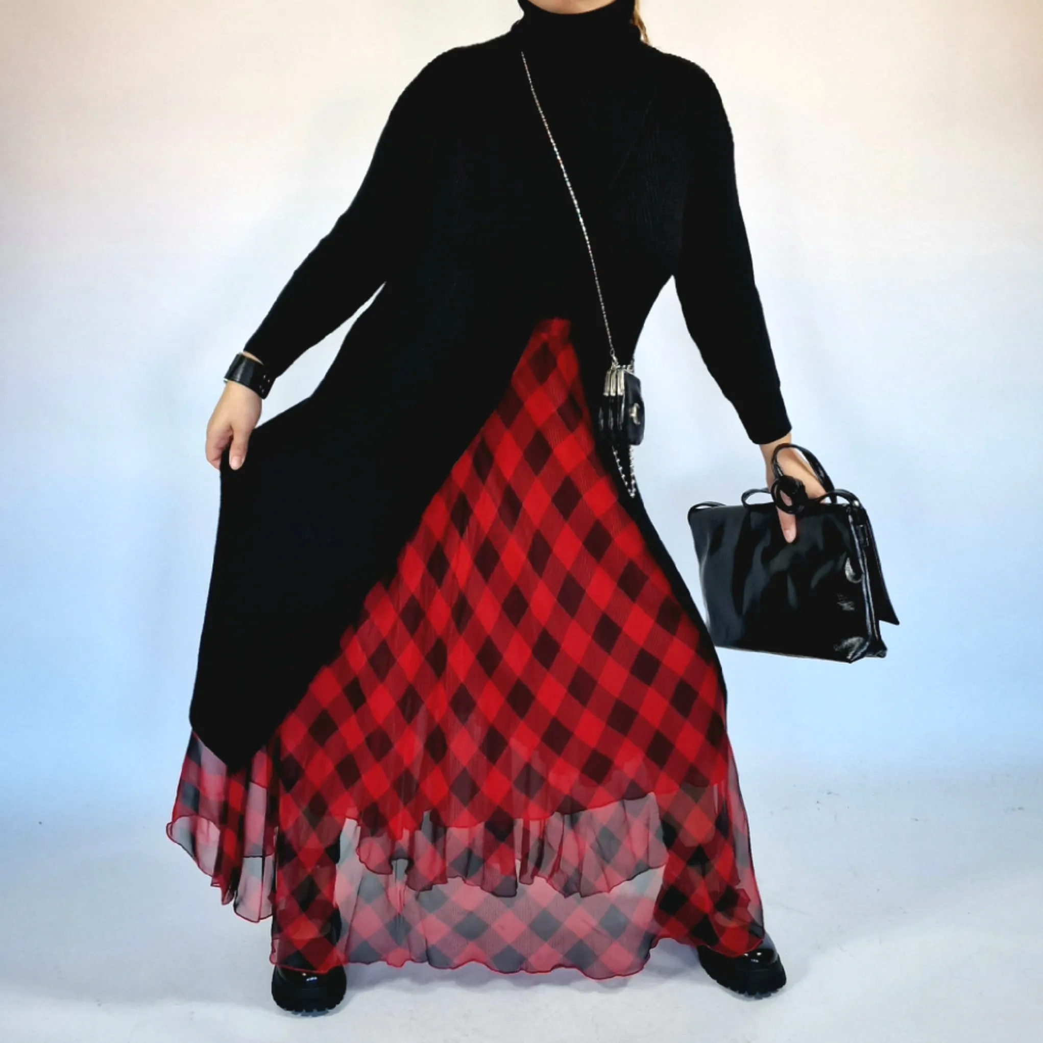 Casual Minimal Goth Maxi Tartan Skirt