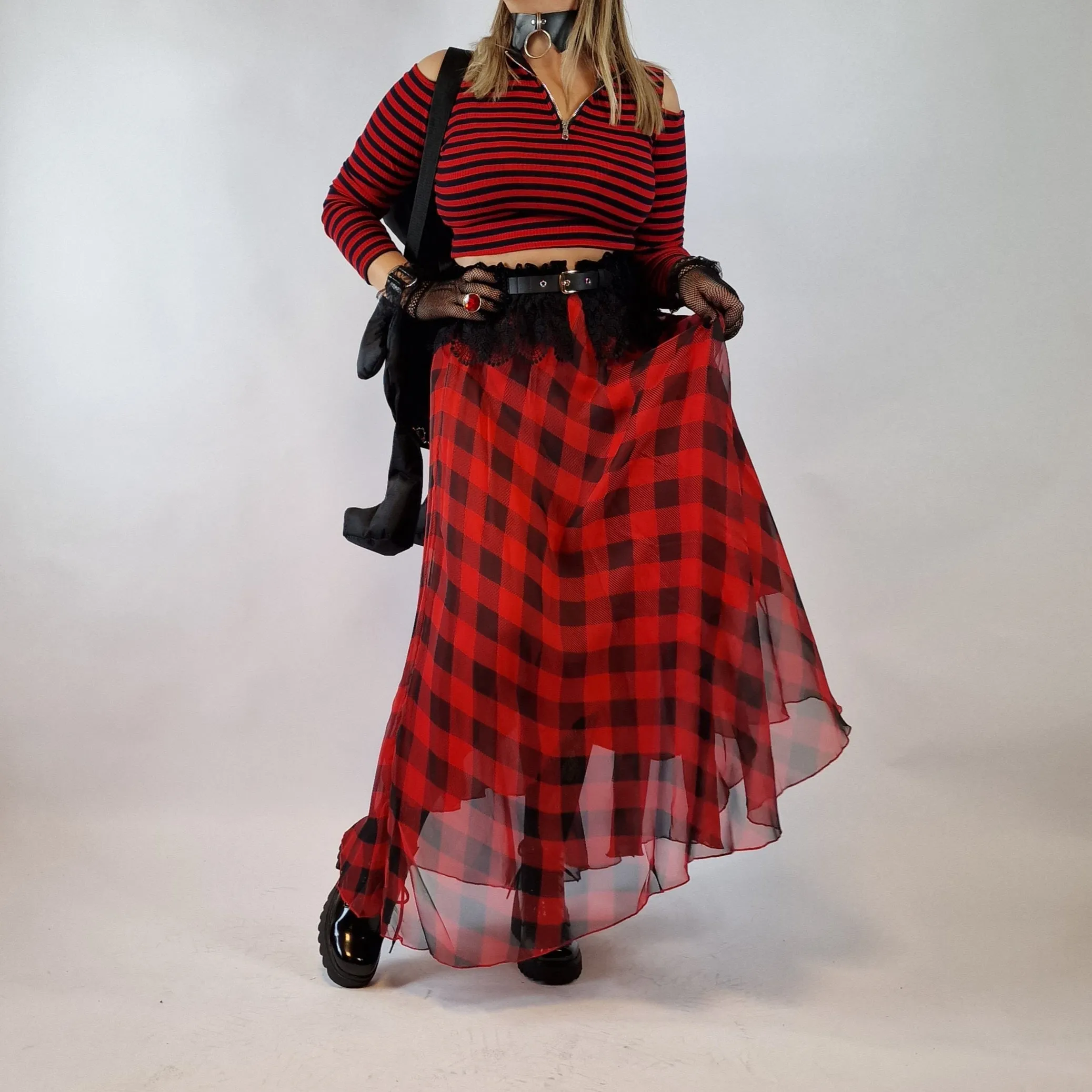 Casual Minimal Goth Maxi Tartan Skirt