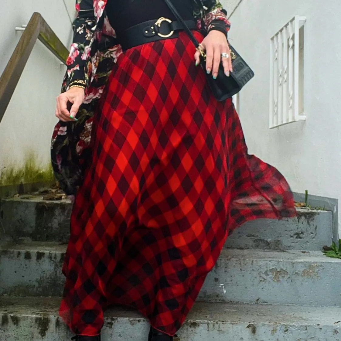 Casual Minimal Goth Maxi Tartan Skirt