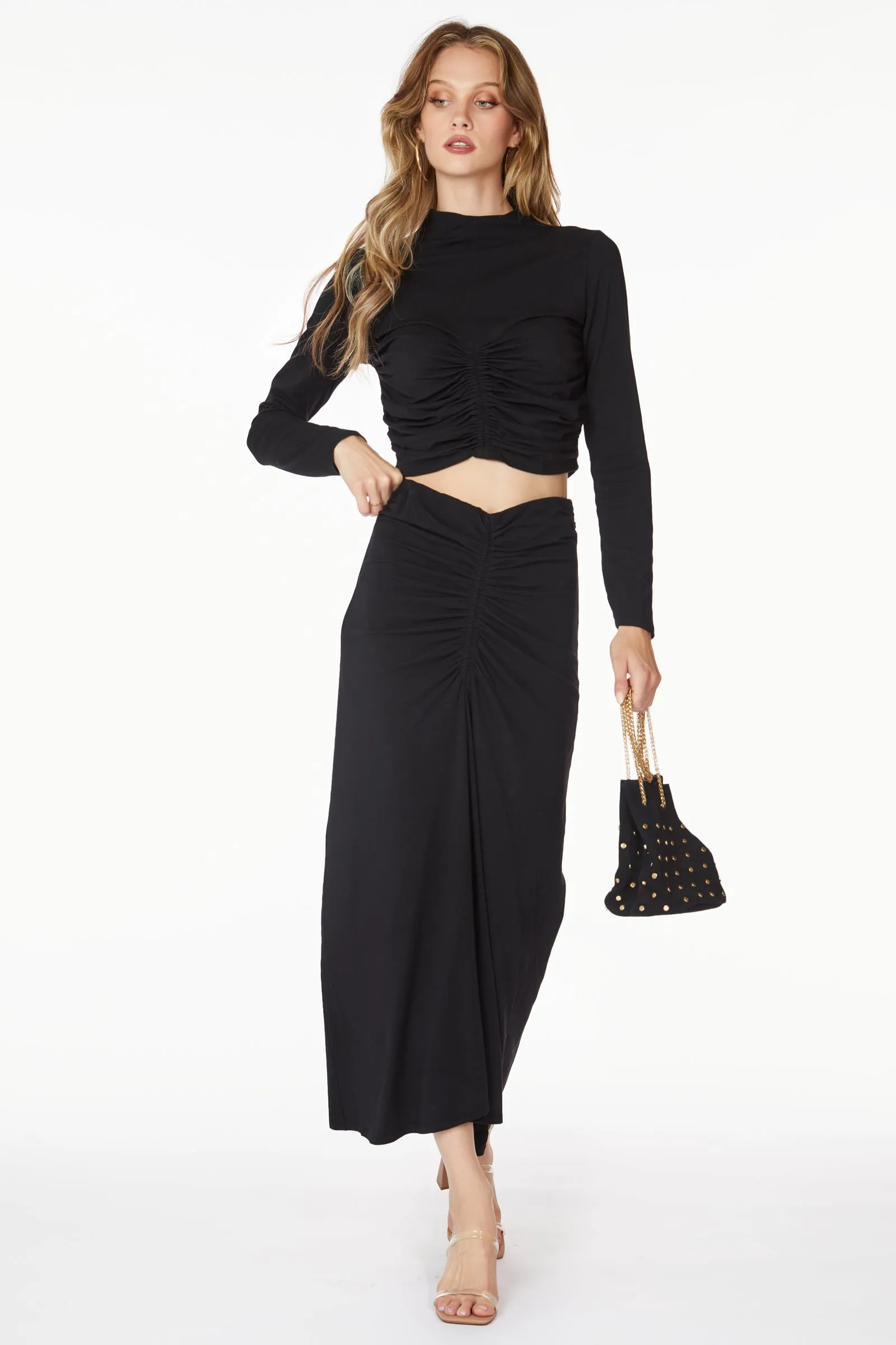 CENTER FRONT SHIRRED MAXI SKIRT