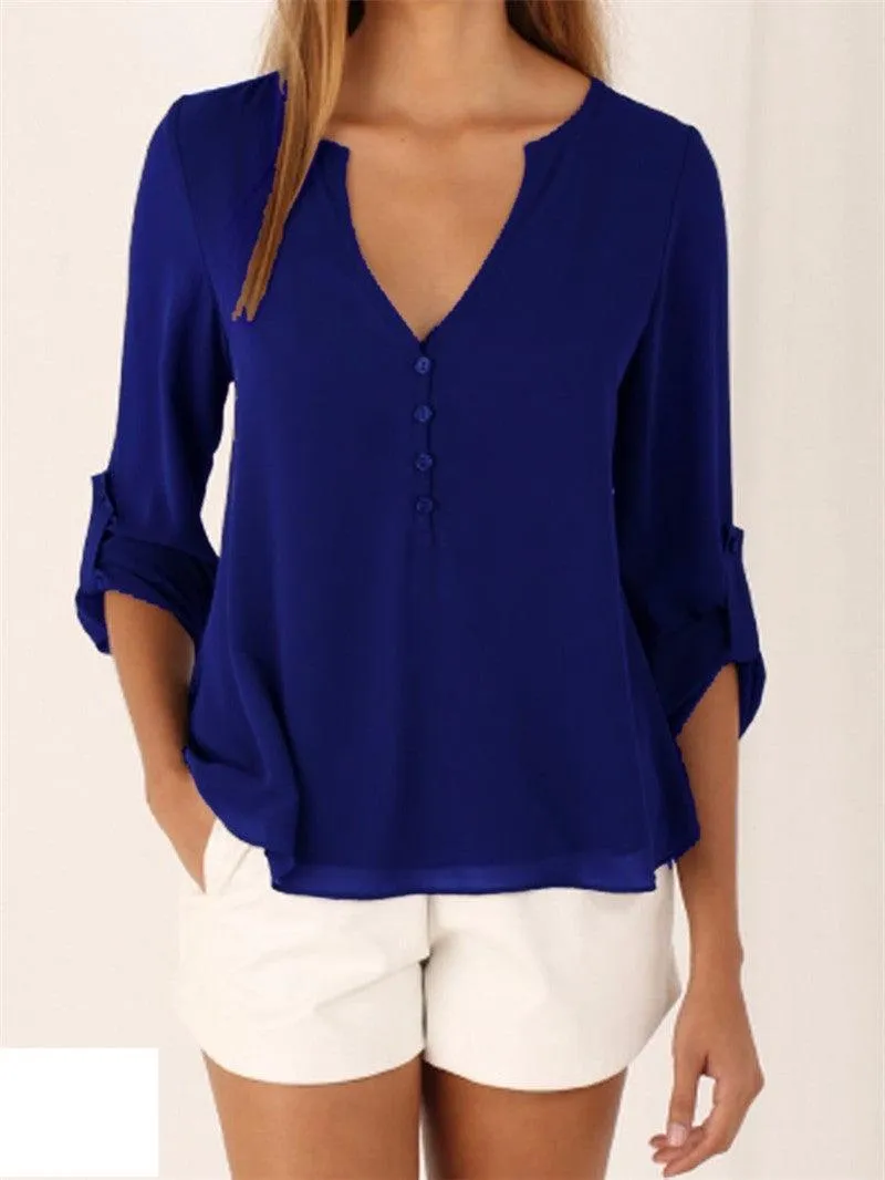 CHIFFON BUTTON-UP V-NECK BLOUSE  WITH 3/4 SLEEVES