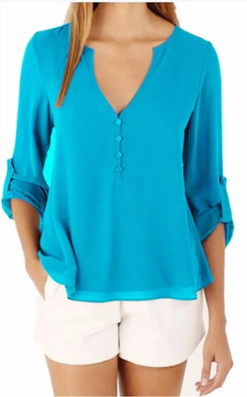 CHIFFON BUTTON-UP V-NECK BLOUSE  WITH 3/4 SLEEVES