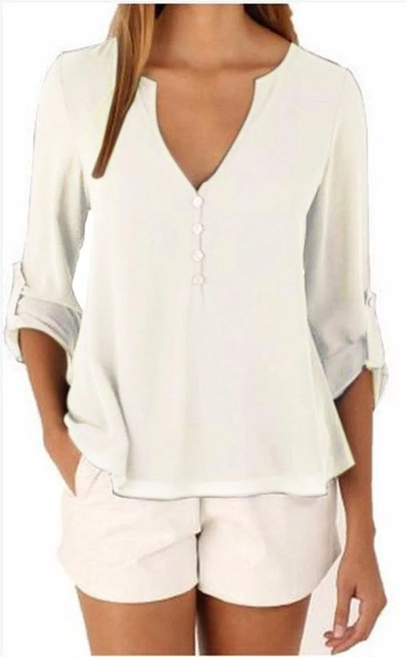 CHIFFON BUTTON-UP V-NECK BLOUSE  WITH 3/4 SLEEVES