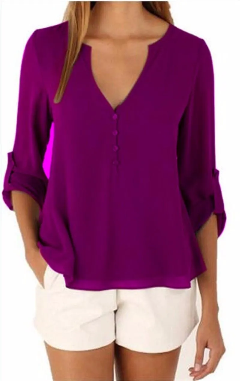 CHIFFON BUTTON-UP V-NECK BLOUSE  WITH 3/4 SLEEVES