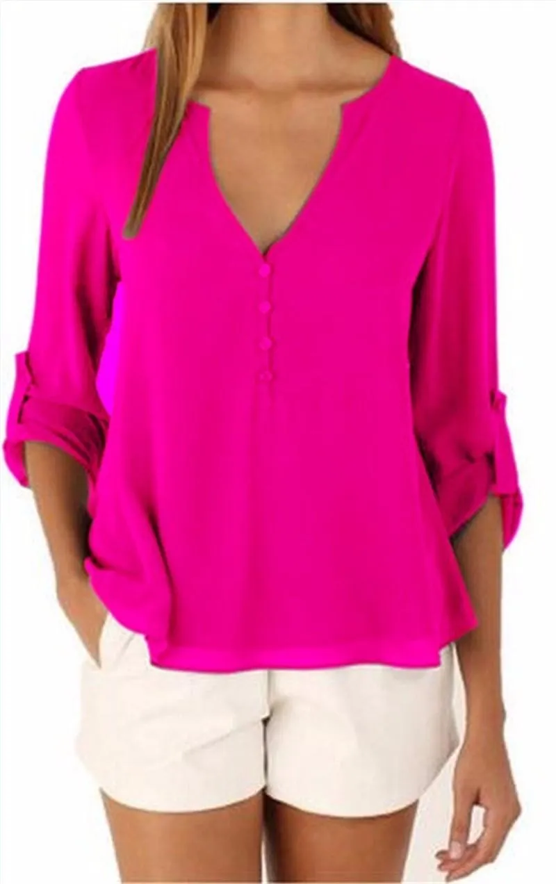 CHIFFON BUTTON-UP V-NECK BLOUSE  WITH 3/4 SLEEVES