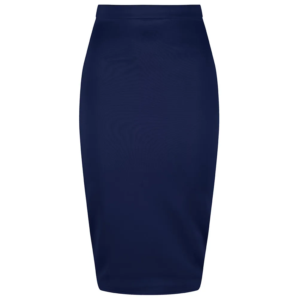 Classic Navy Stretch Pencil Bodycon Midi Office Work Skirt