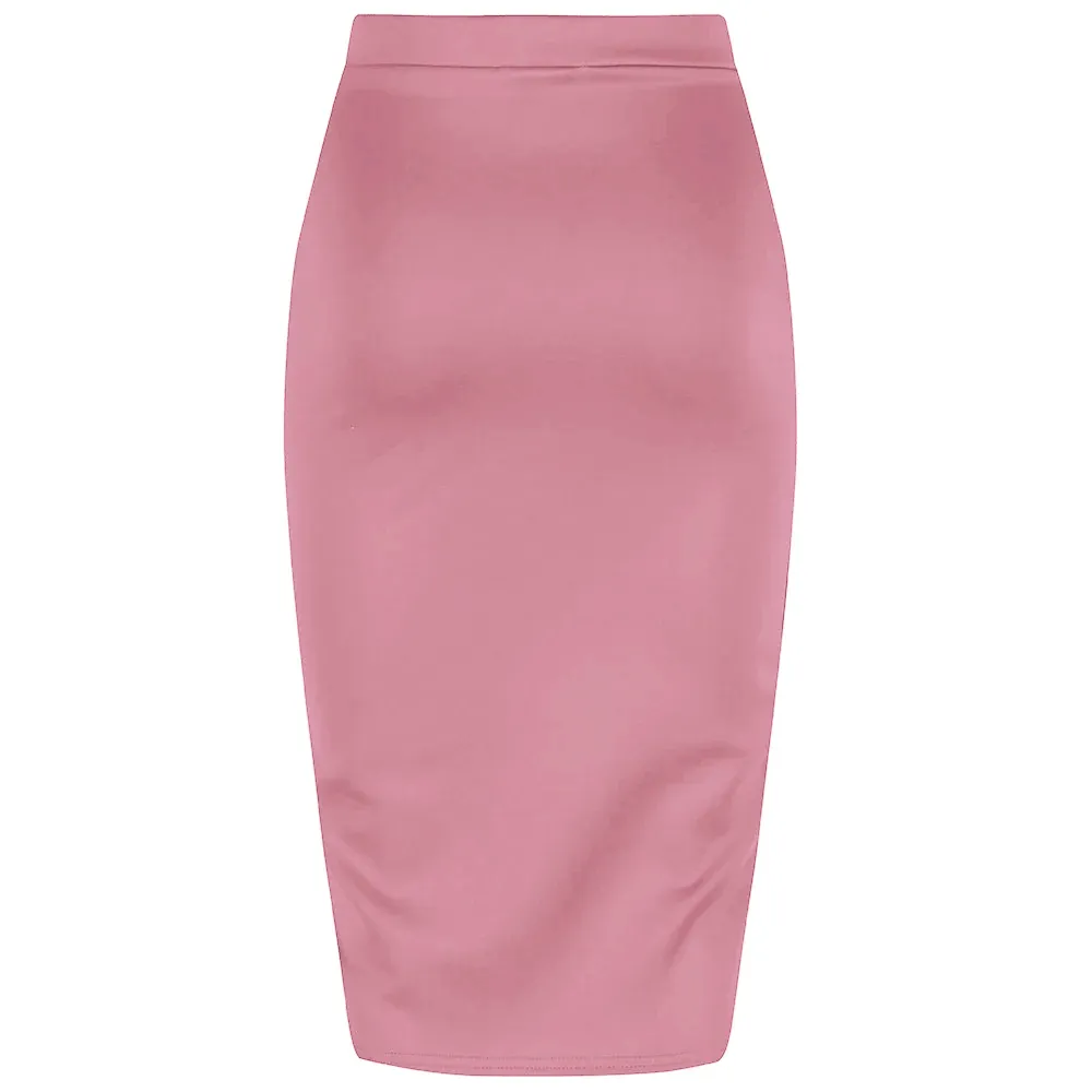 Classic Stretch Dusky Pink Purple Pencil Bodycon Midi Office Work Skirt