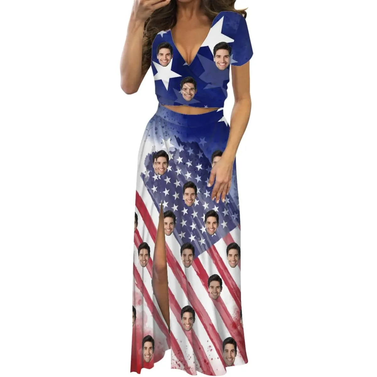 Custom Face USA Flag Print Beach Outfits Dress Personalized Women's V-neck Split Maxi Dresses Skirt Set