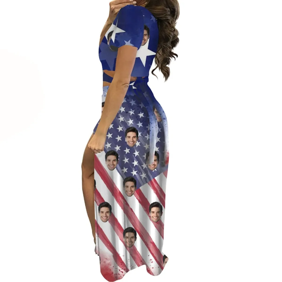 Custom Face USA Flag Print Beach Outfits Dress Personalized Women's V-neck Split Maxi Dresses Skirt Set