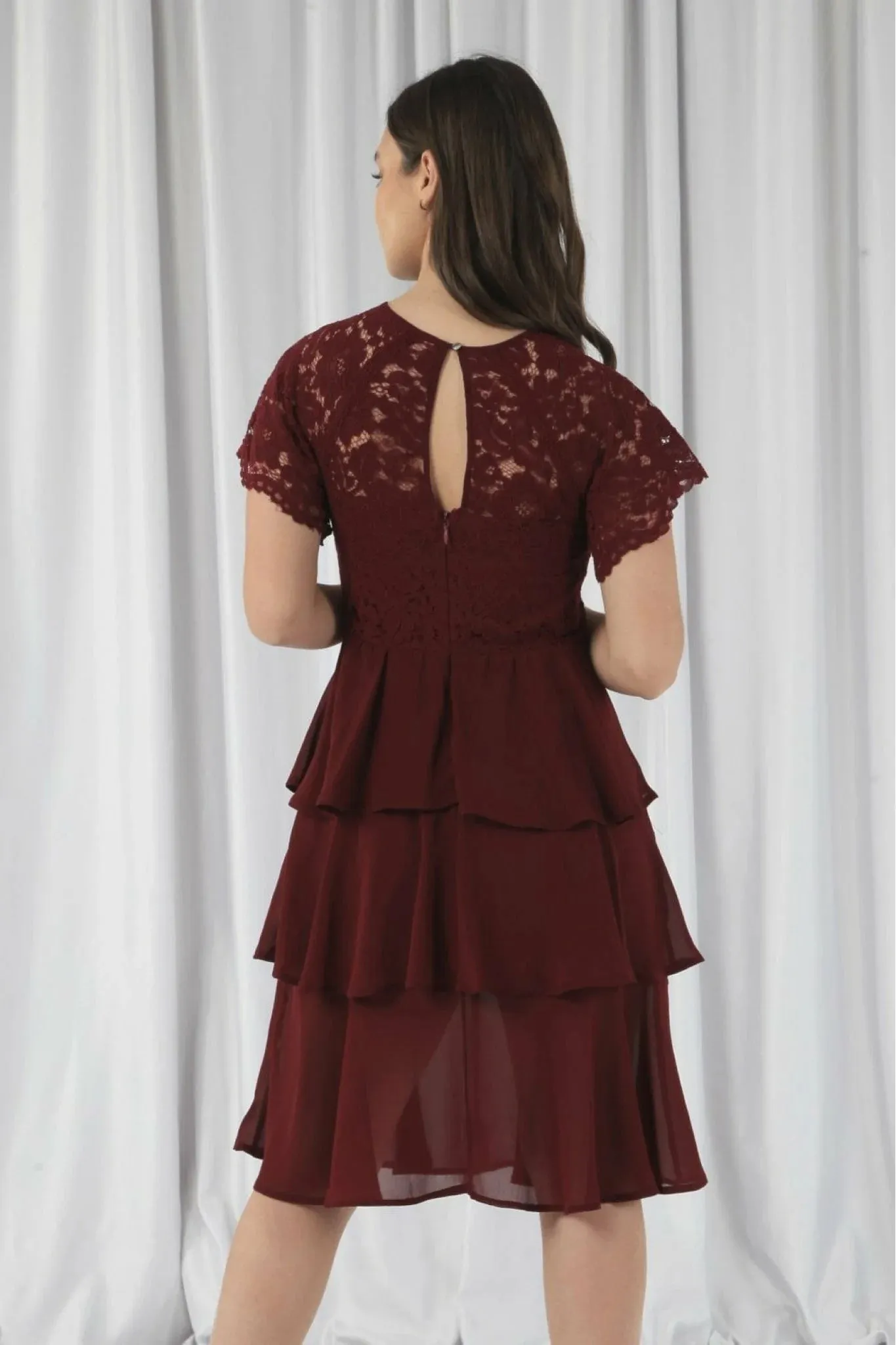 Double Second Burgundy Red Tiered Lace Dress