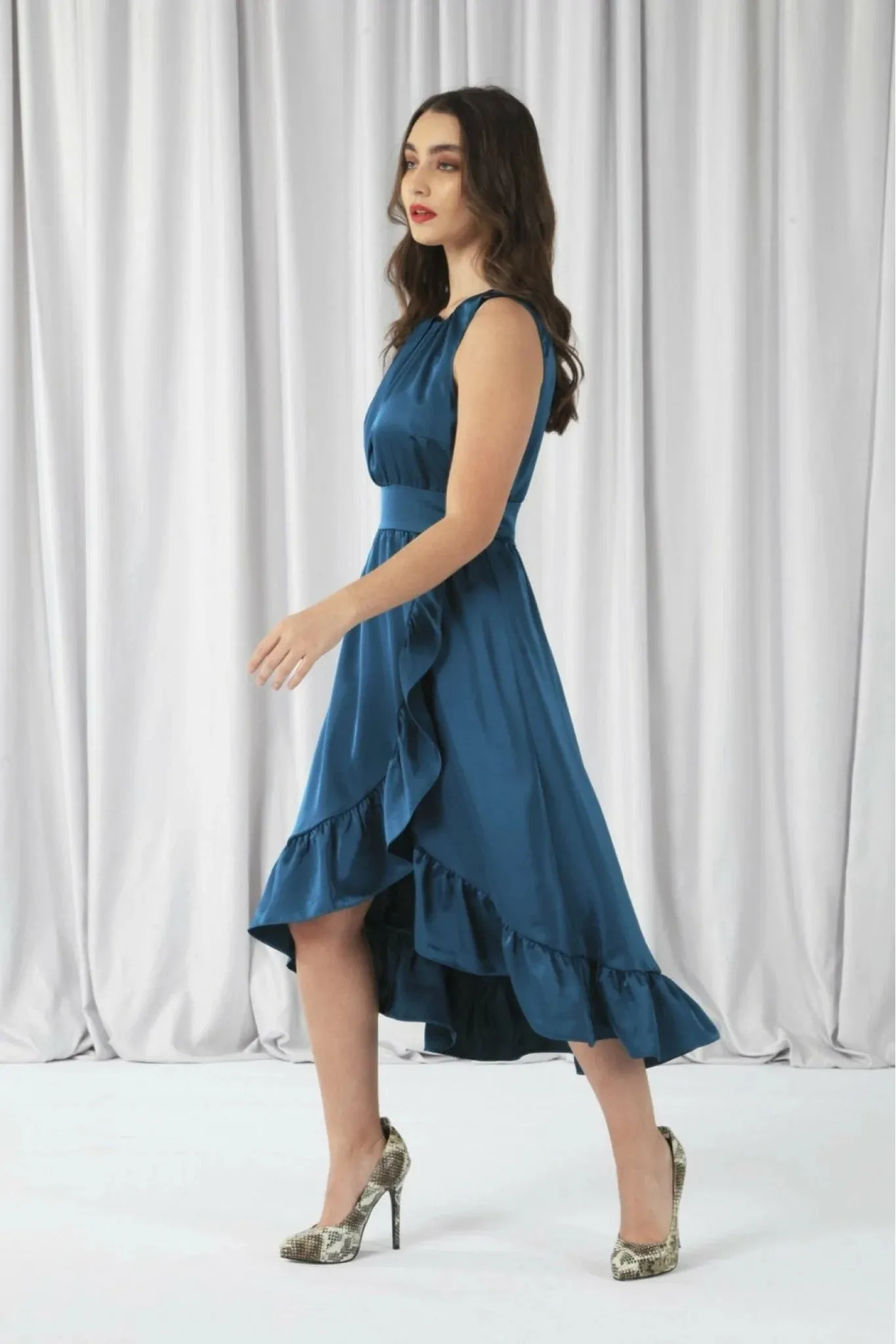 Double Second Teal Sleeveless Satin Frill Hem Wrap Dress