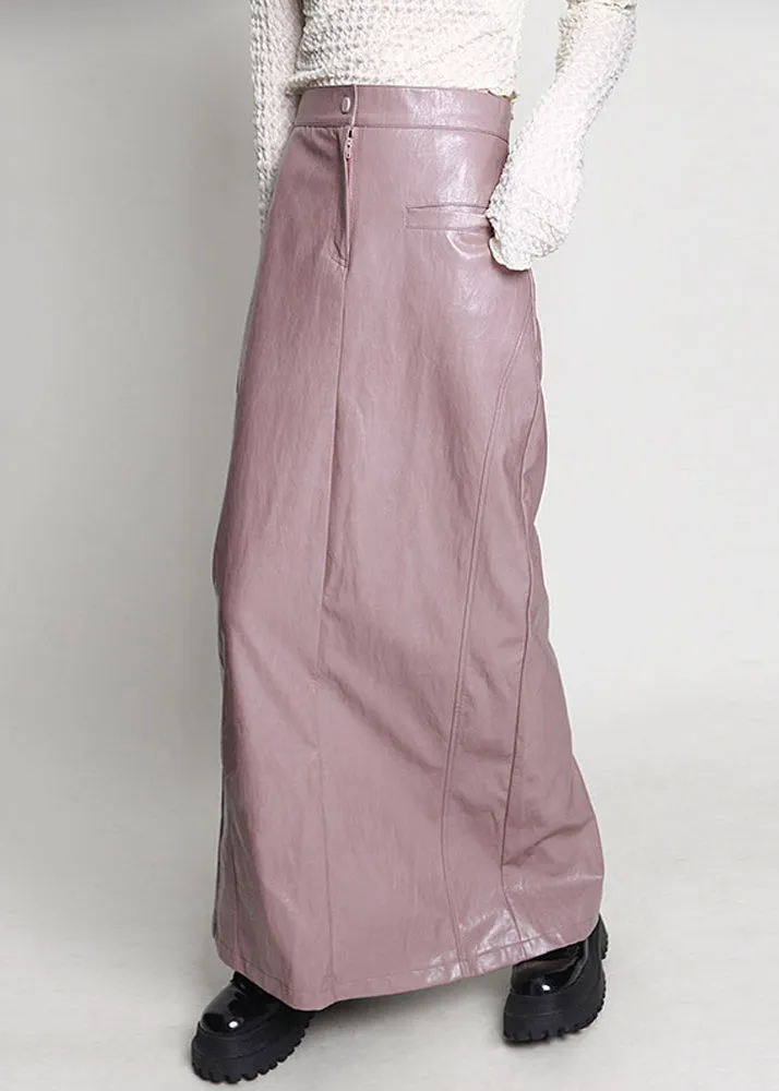 Elegant Pink Side Open High Waist Faux Leather Skirt Spring AB1045