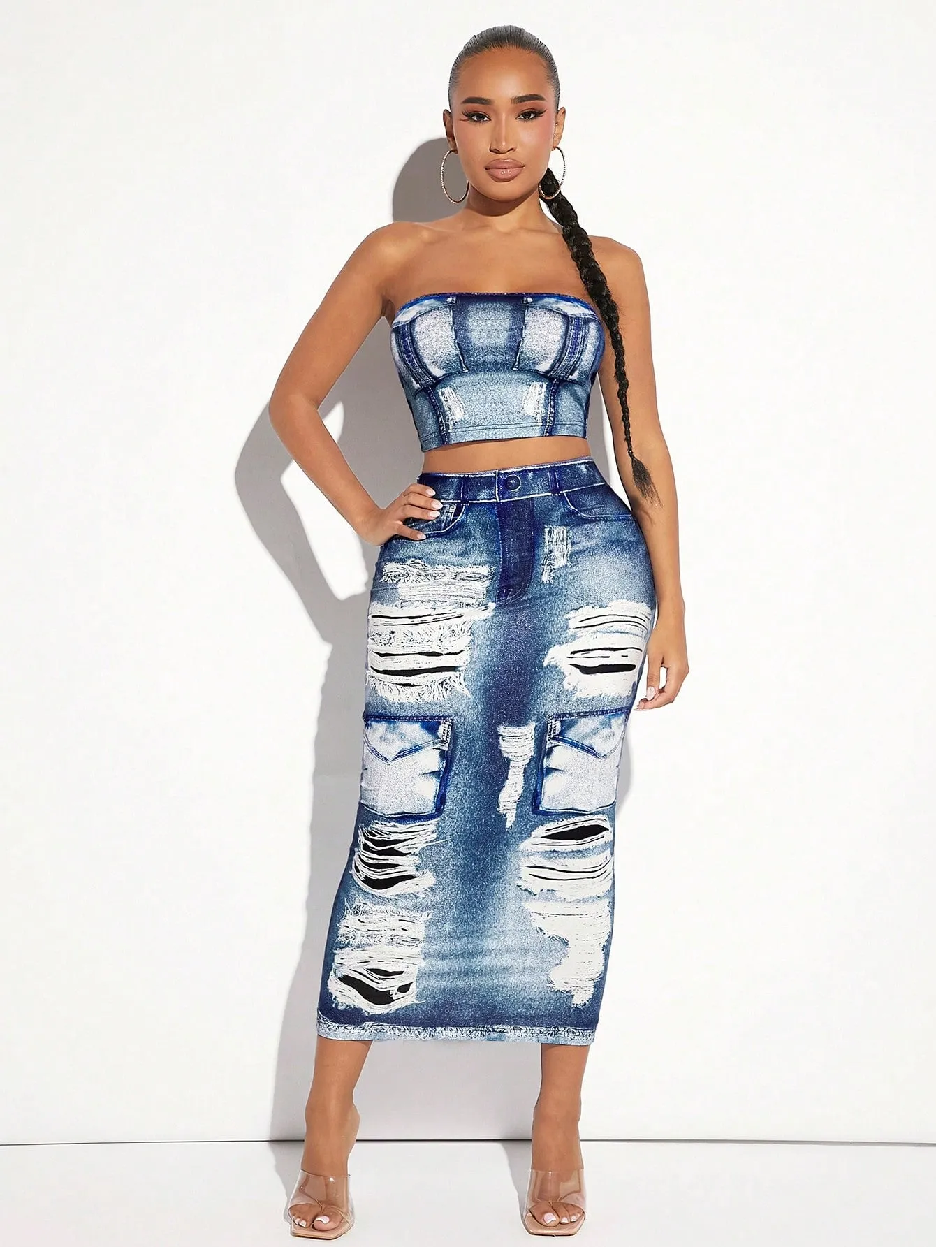 Faux Denim Pattern Tube Top Pencil Skirt Set