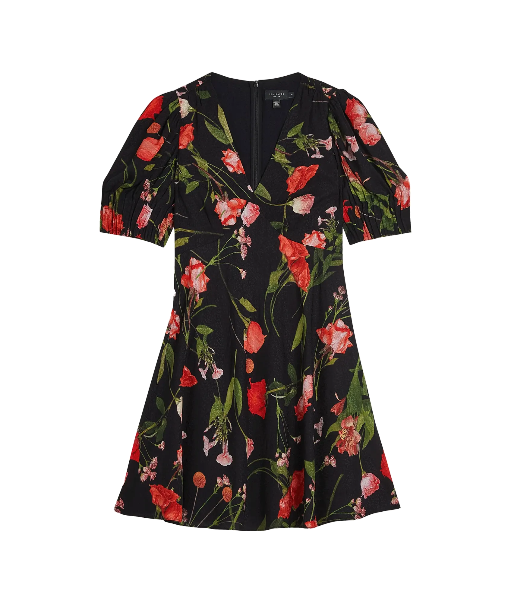 Floral Mini Tea Dress With Puff Sleeves - Black