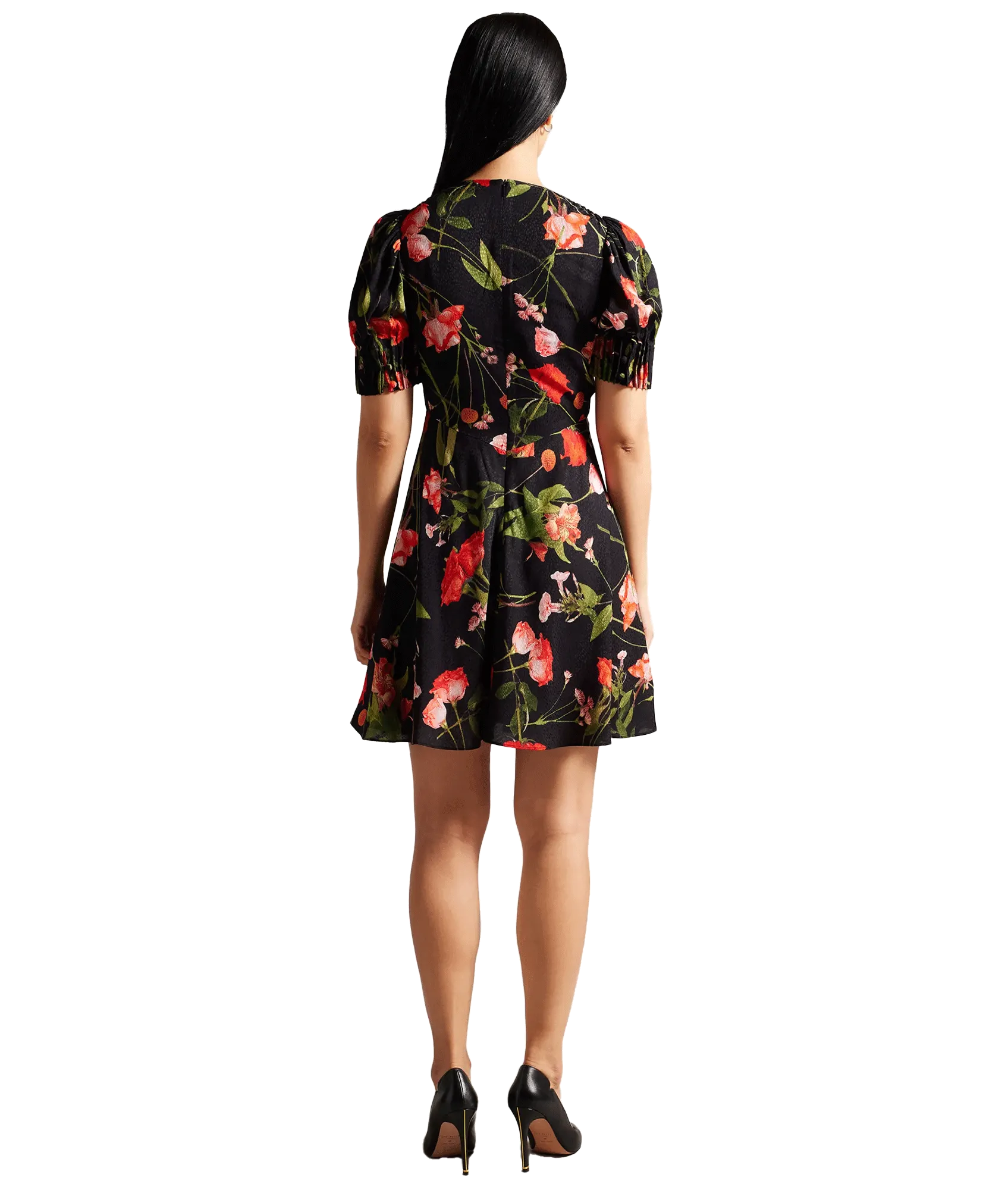 Floral Mini Tea Dress With Puff Sleeves - Black