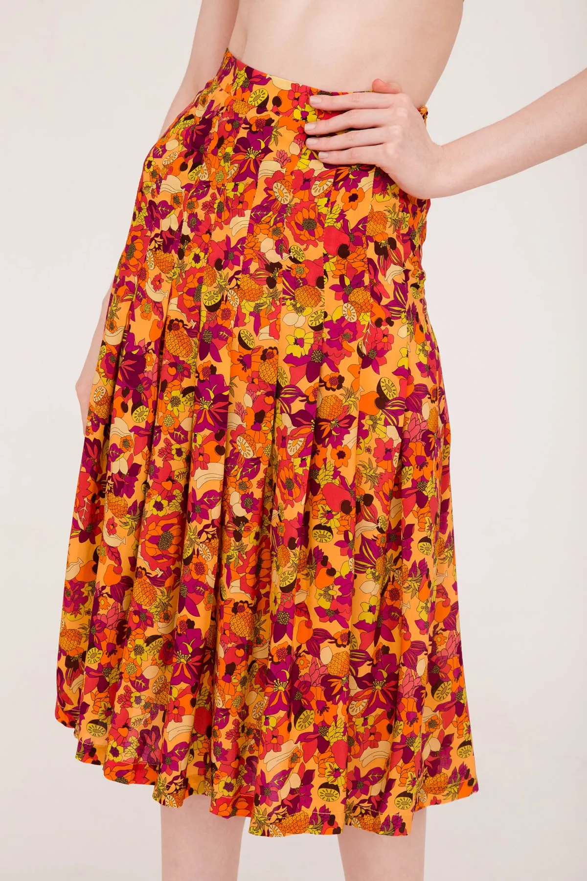 Fruits Print Pleated Midi Skirt