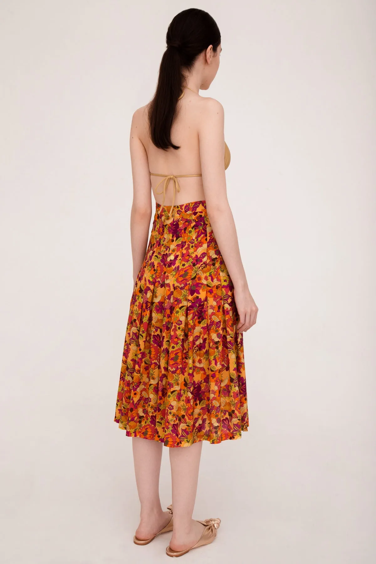 Fruits Print Pleated Midi Skirt