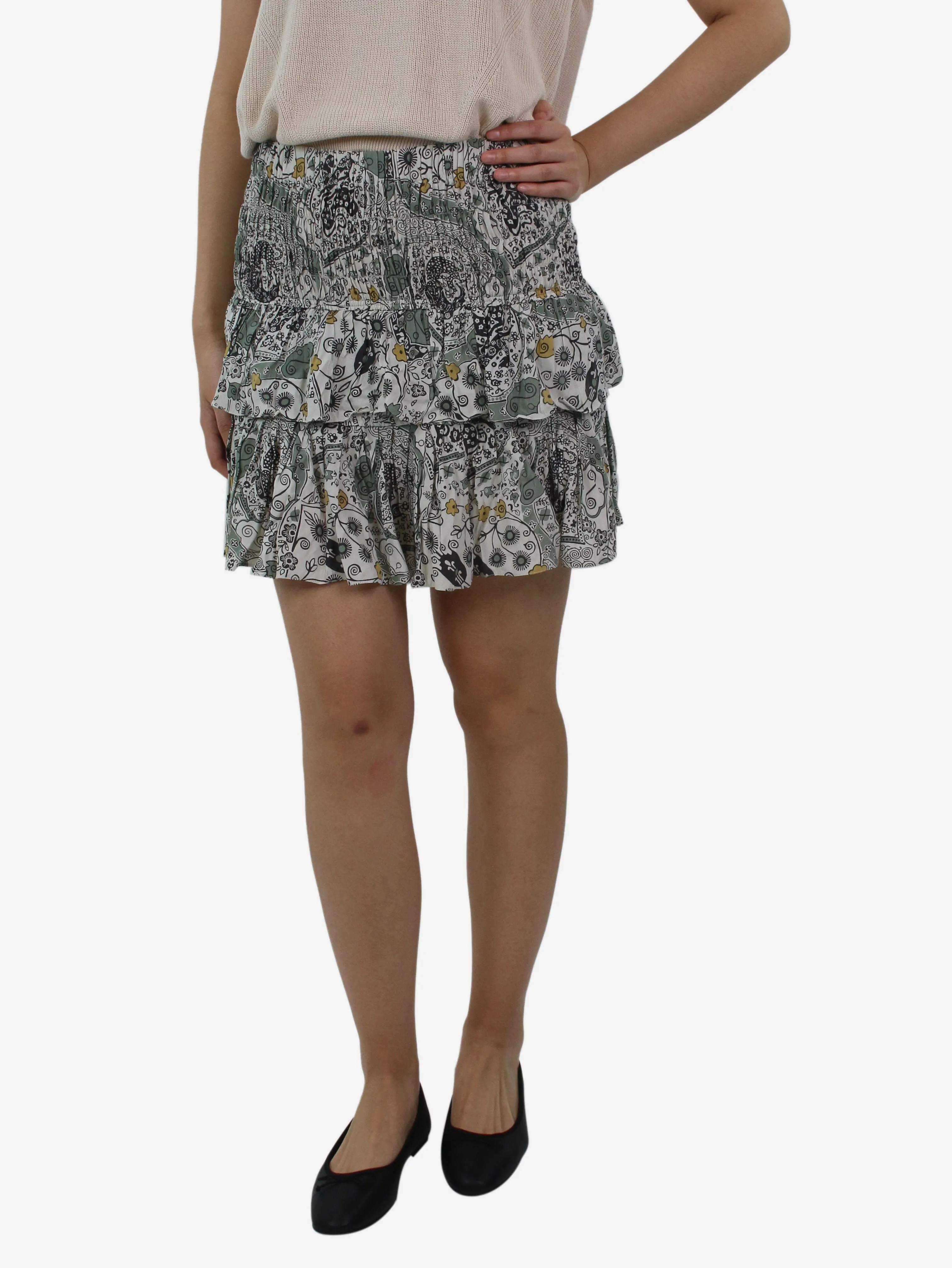 Green floral tiered mini skirt - size FR 36