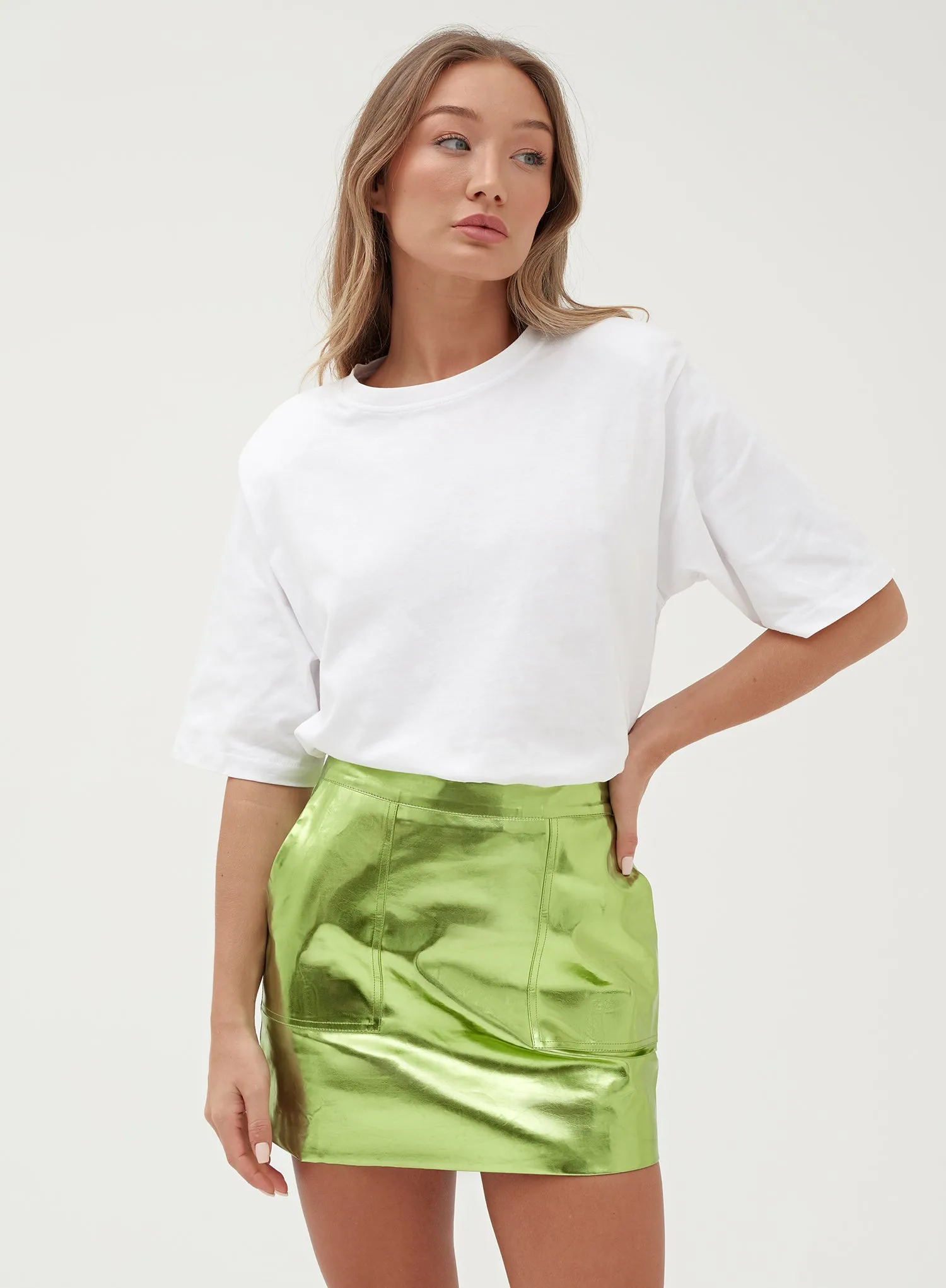 Green Metallic Faux Leather Mini Skirt - Kiki