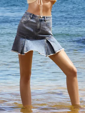 High-Waisted Denim Pleated Wrap Mini Skirt