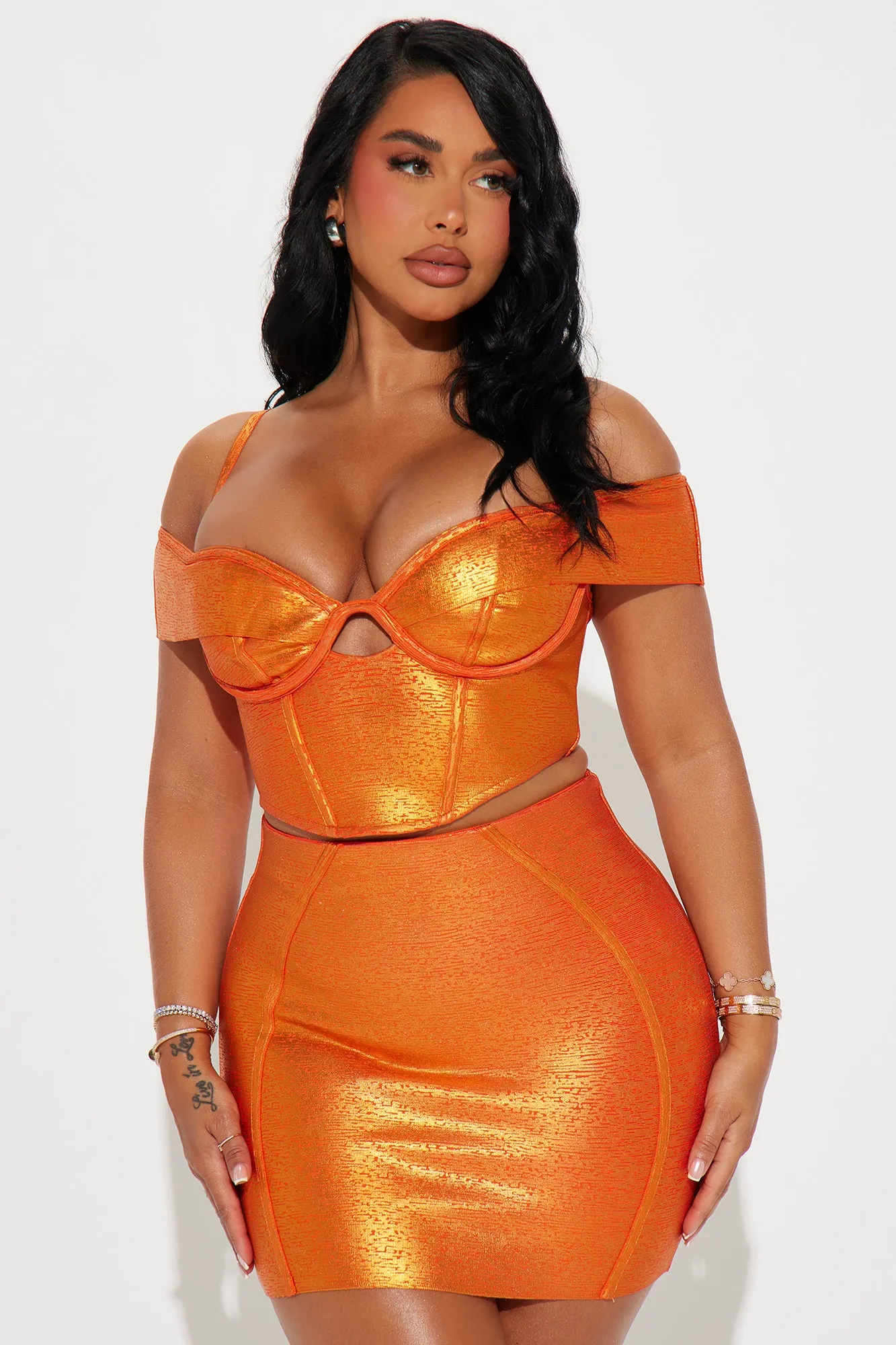 Iconic Metallic Bandage Skirt Set - Orange