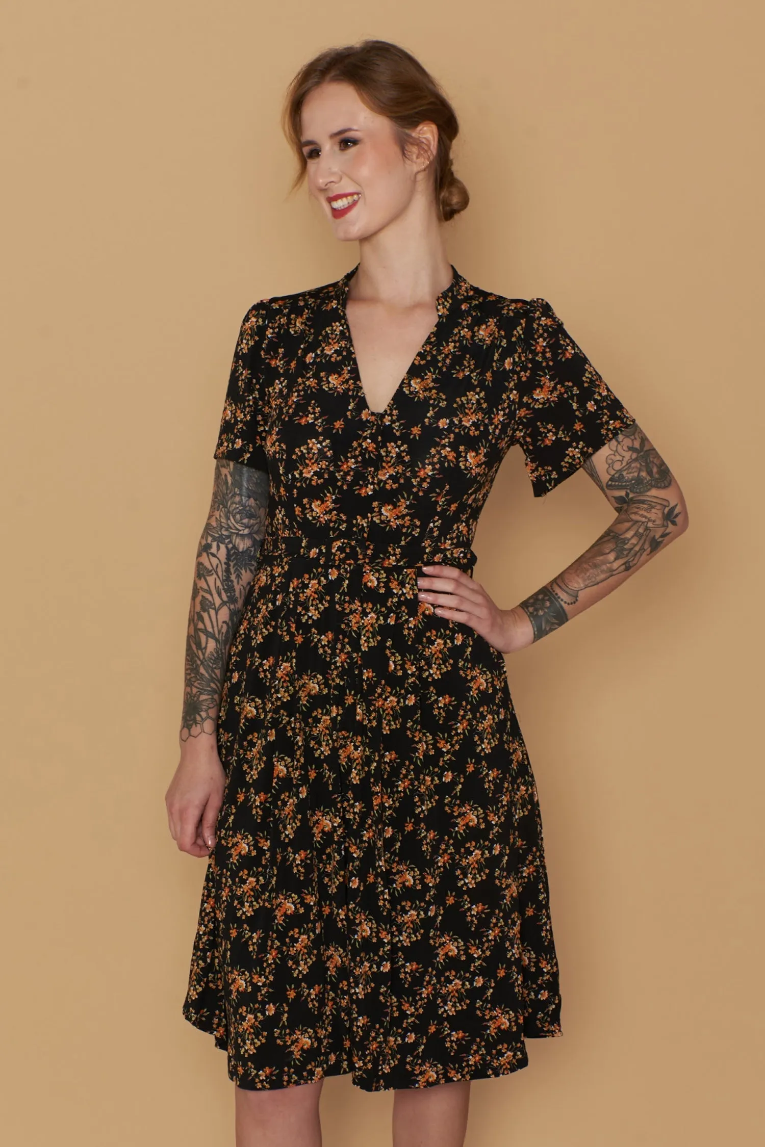 Jobelle Orange & Black Petite Floral Dress