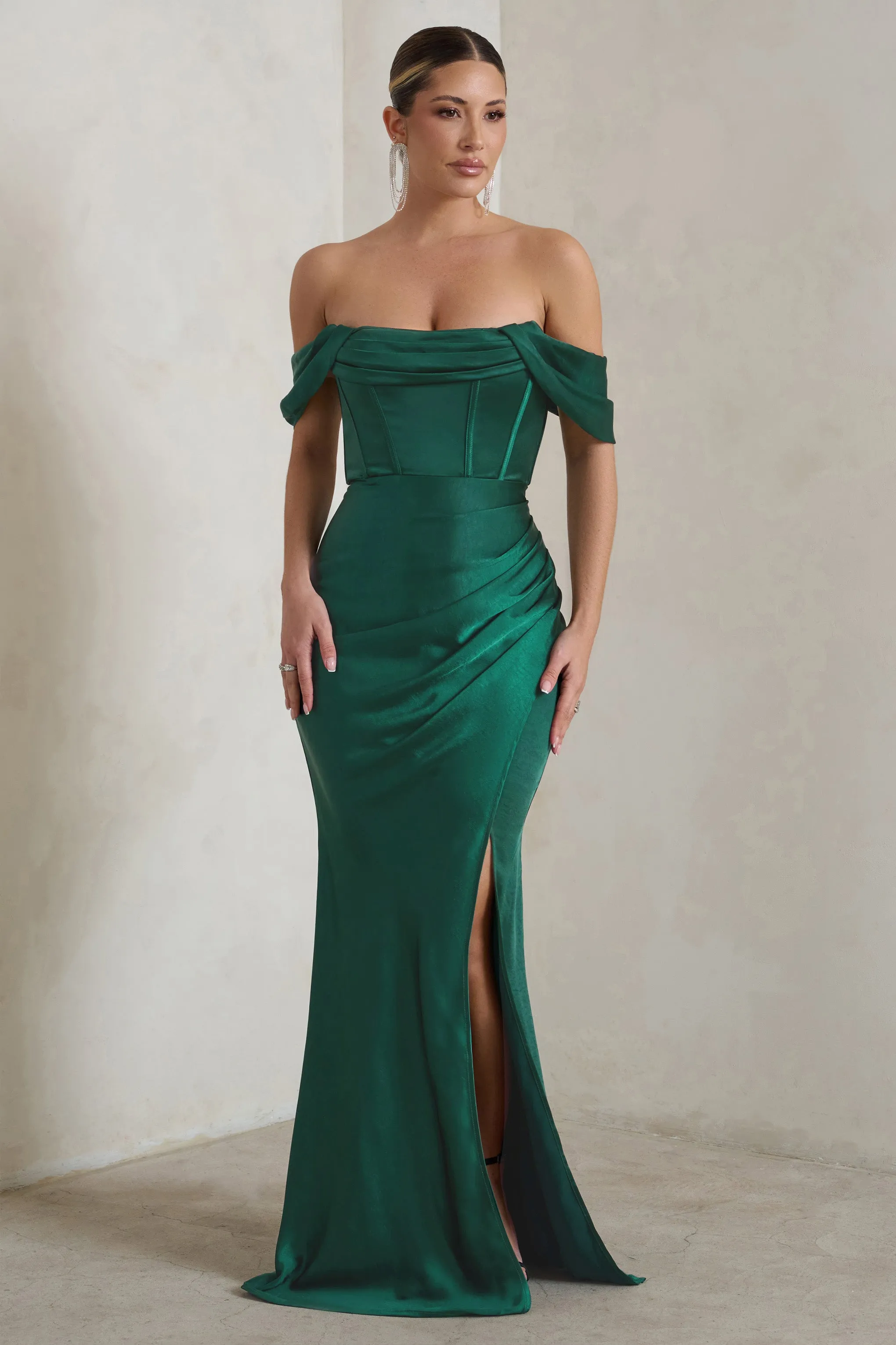 Maximize visibility for this e-commerce product by optimizing the title to: Elegant Bottle Green Bardot Fishtail Satin Maxi Dress by Kimberly