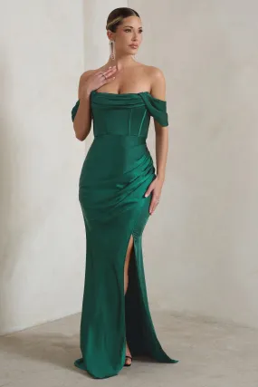 Maximize visibility for this e-commerce product by optimizing the title to: Elegant Bottle Green Bardot Fishtail Satin Maxi Dress by Kimberly