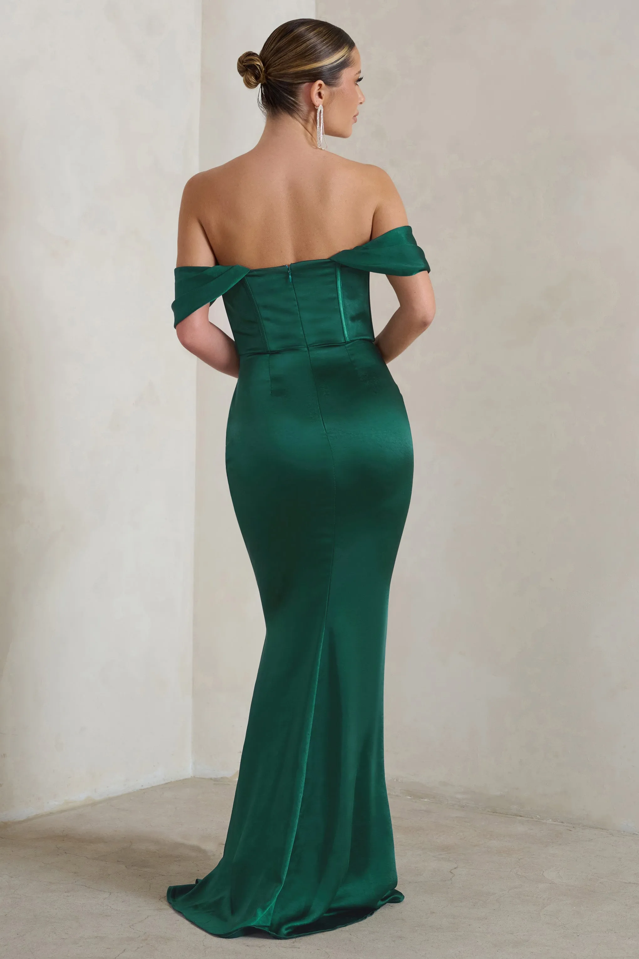 Maximize visibility for this e-commerce product by optimizing the title to: Elegant Bottle Green Bardot Fishtail Satin Maxi Dress by Kimberly